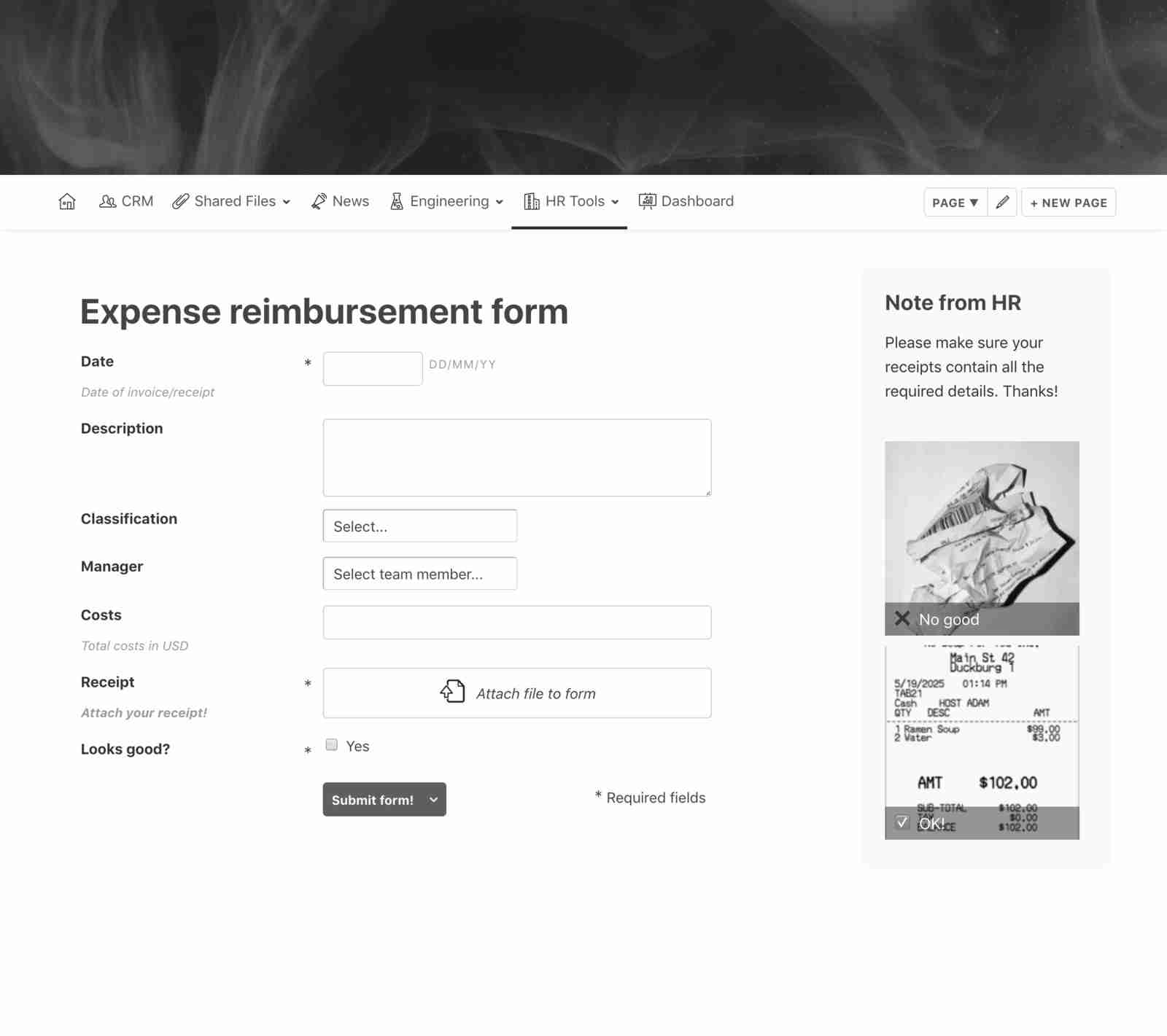 Custom forms and workflows intranet screenshot